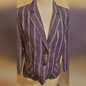 CAbi style#871 Classic Blazer, sz 8 linen Navy and white stripes
